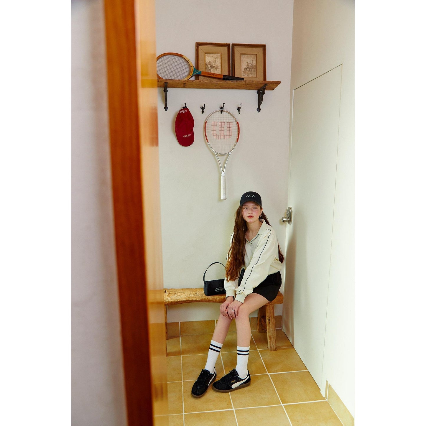 casual outfit featuring piv'vee club piste top, styled with a tennis theme and accessories