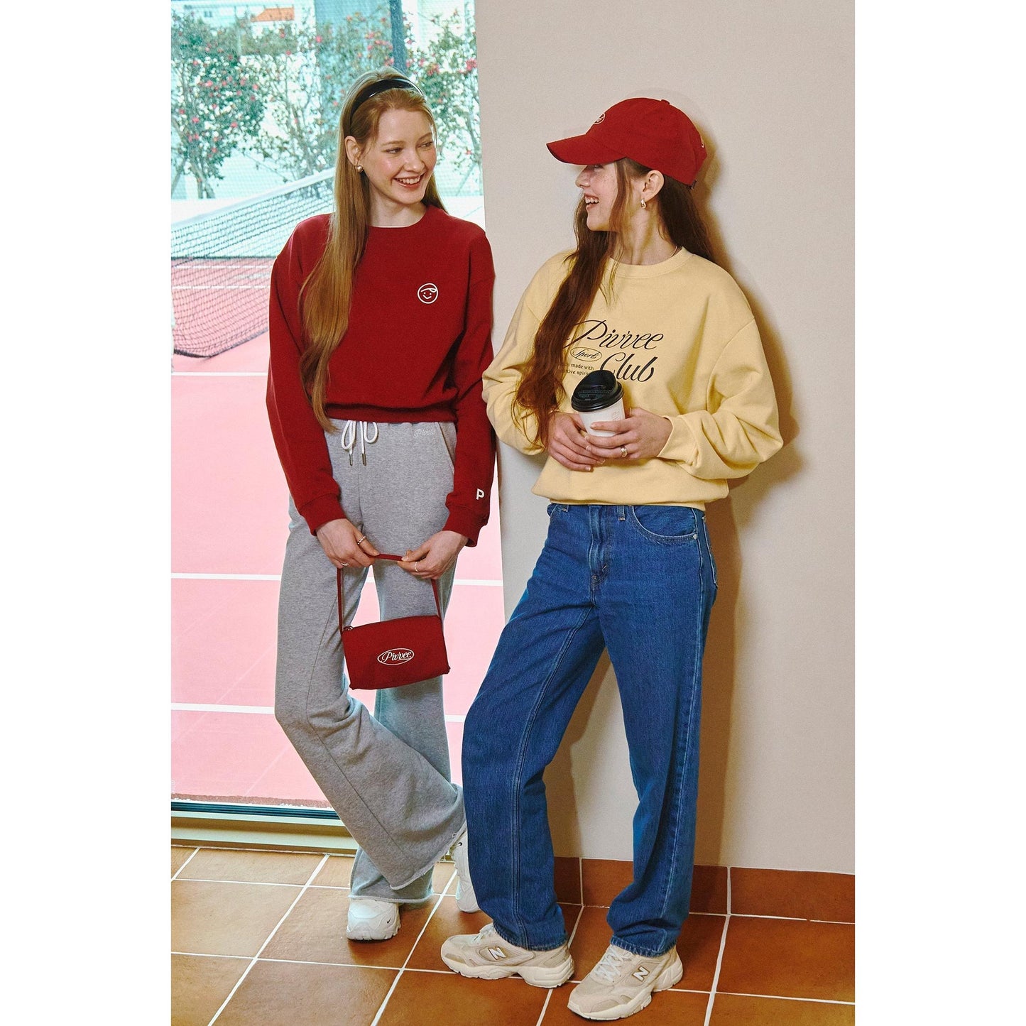 piv'vee stylish sweatshirts in red and yellow worn by two women with casual outfits and accessories