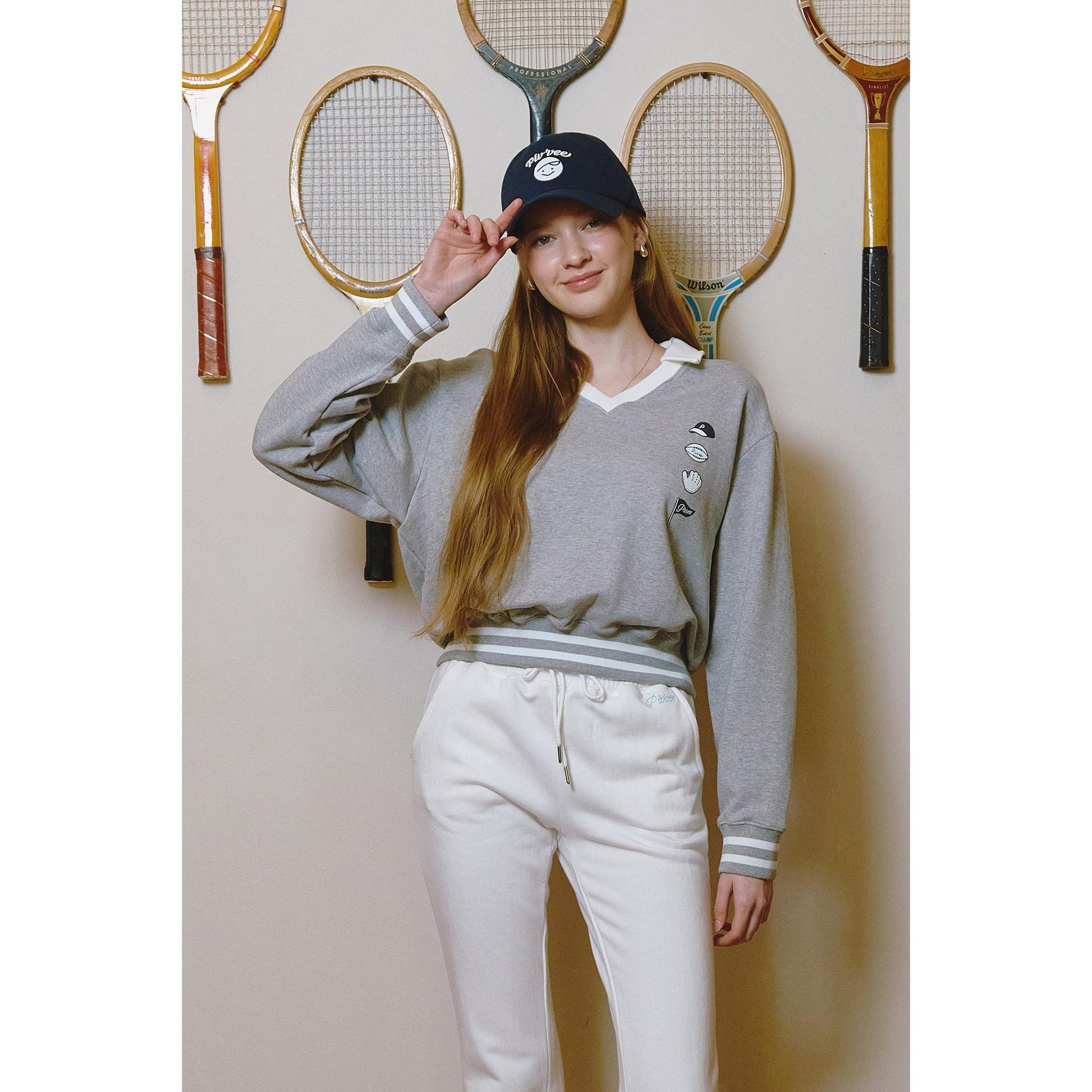 Piv'vee V Neck Golf Sweatshirt in Grey with Stylish Embellishments and Comfortable Fit