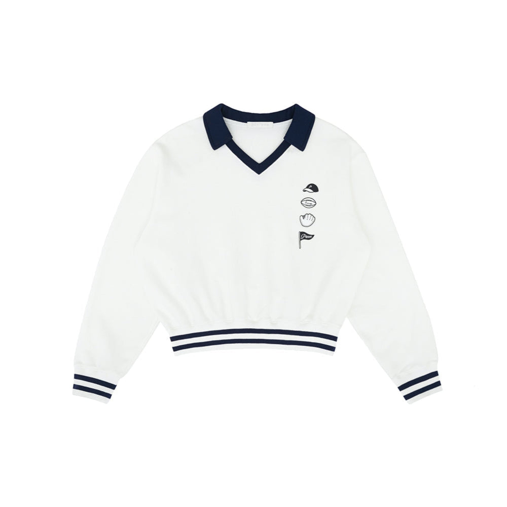 Piv'vee V Neck Golf Sweatshirt in white with navy collar and embroidered golf icons for stylish comfort