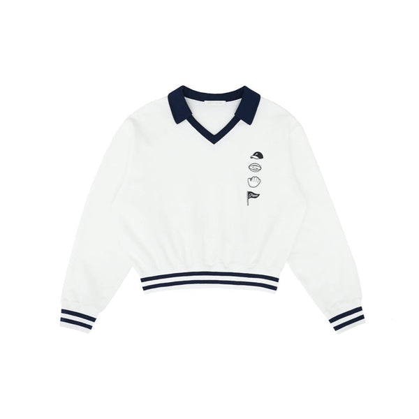 Piv'vee V Neck Golf Sweatshirt in white with navy collar and embroidered golf icons for stylish comfort